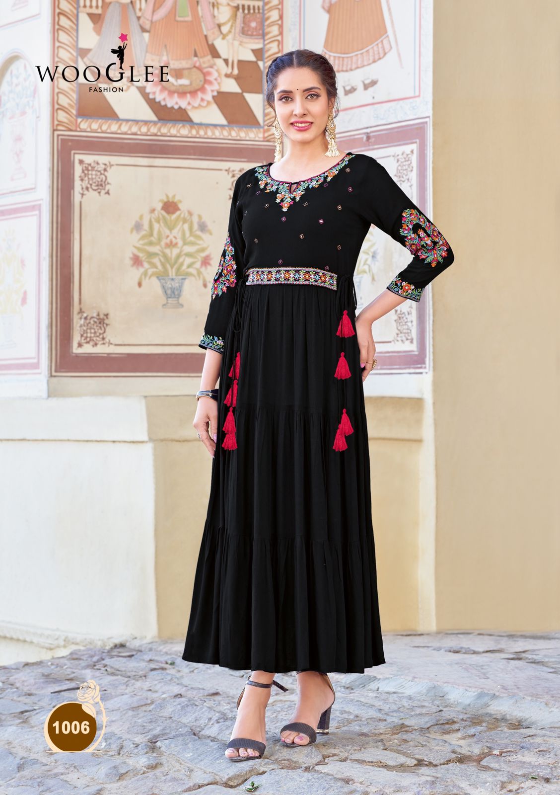 Nirja Vol 2 By Wooglee Designer Rayon Embroidered Long Kurtis Wholesale Price In Surat
